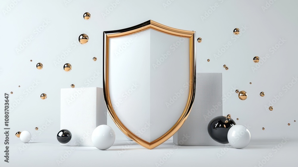 Aufkleber abstract digital shield surrounded by geometric shapes and reflective orbs representing security, pr