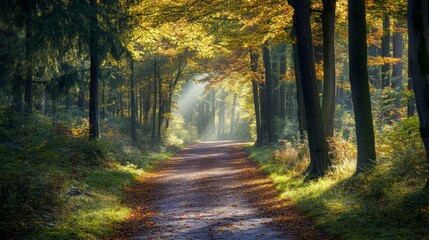 Fototapeta premium Sunlit forest path with vibrant autumn foliage.