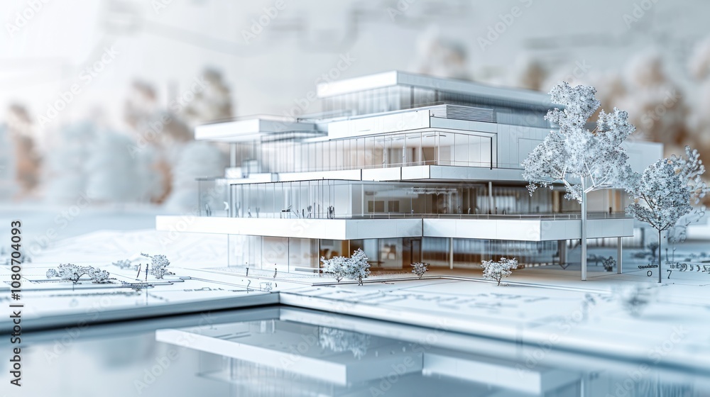 Poster a white minimalist architectural model of a modern building with a large pond and trees in front, se