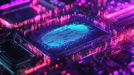 Futuristic neon circuit board with glowing elements and vibrant colors.