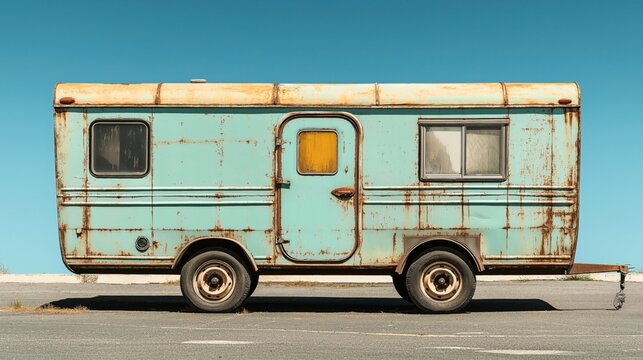 Old, rusted turquoise caravan parked on a deserted asphalt lot against a clear blue sky, featuring a single door and two small windows.