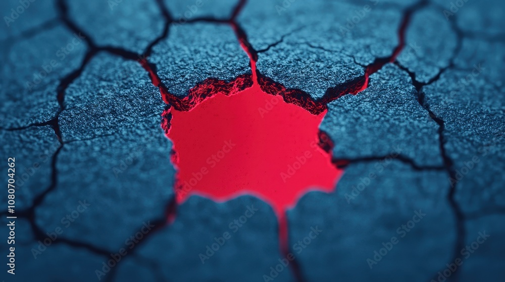 Poster cracked surface with bright red hole creating an artistic contrast in a dry terrain symbolizing dest
