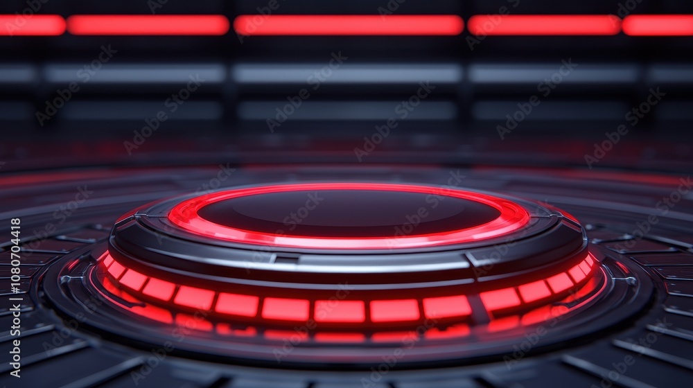 Poster futuristic glowing circular platform with red neon lights and metallic surface in a high-tech space,