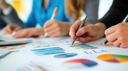 Collaborative Business Team Analyzing Statistical Charts and Graphs in a Modern Office Environment to Improve Strategic Decision Making and Performance