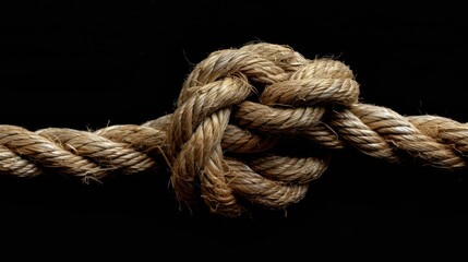 A close-up of a knotted rope against a black background.