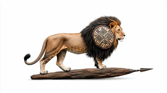 A striking lion figurine with a decorative shield, symbolizing strength and courage, perfect for artistic and creative themes.