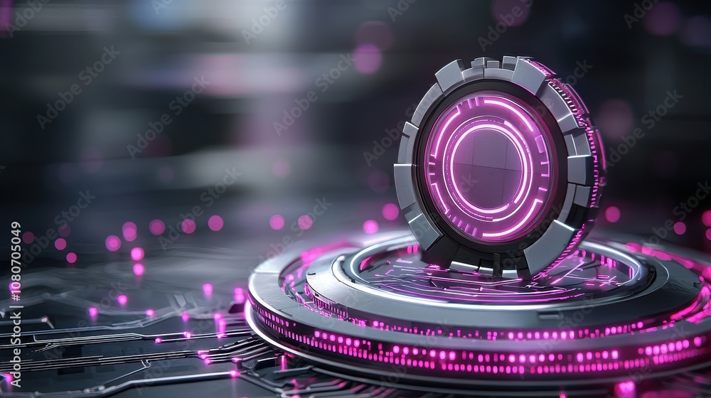 Poster futuristic digital currency symbol with glowing effects on a high-tech circuitry background showcasi