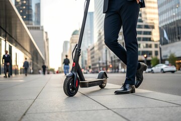 legs of office worker walking in the city while holding an electric scooter.