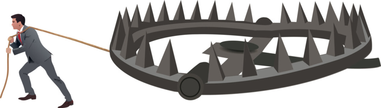 Businessman dragging a bear trap with a rope