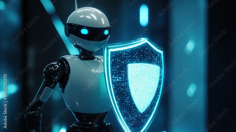Poster futuristic robot with glowing shield represents cybersecurity in a digital environment.