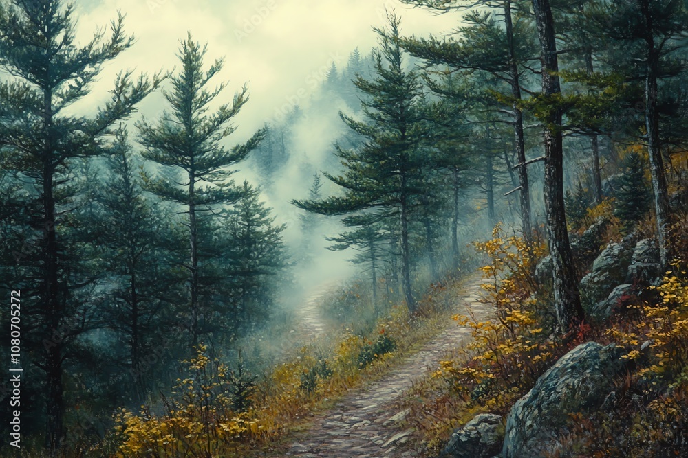 Poster a winding path through a misty forest, with tall pine trees on either side and a glimpse of the sky 