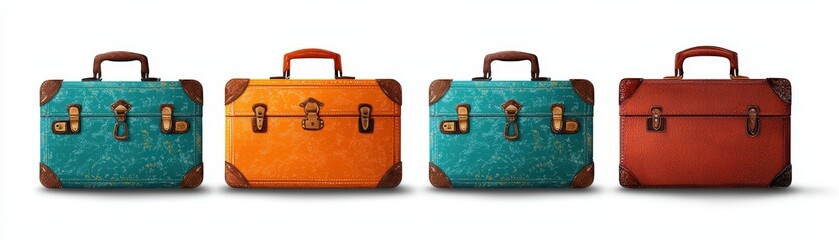 A vibrant collection of vintage travel suitcases in various colors, perfect for enhancing your travel-themed designs.