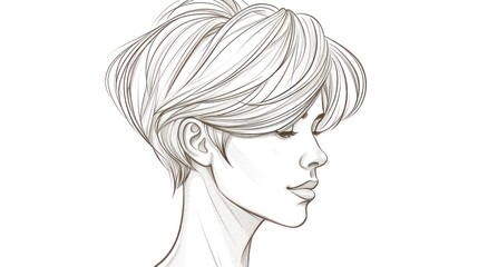 Fototapeta premium Line drawing of a woman with short hair, looking to the side with her eyes closed, on a white background.