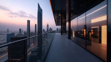 Modern cityscape view from a high-rise balcony with glass railing, skyscrapers reflecting sunset light, urban skyline, and a calm evening sky with scattered clouds.