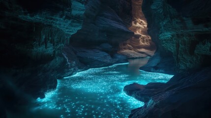 A serene view of a glowing river surrounded by dark cave walls.