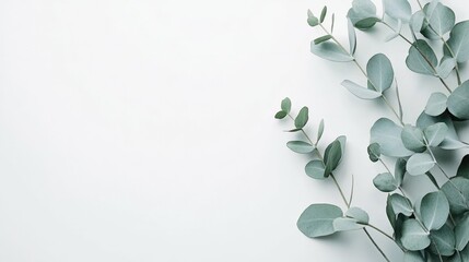 Branch of green eucalyptus leaves, isolated on white background, botanical detail, minimalistic element