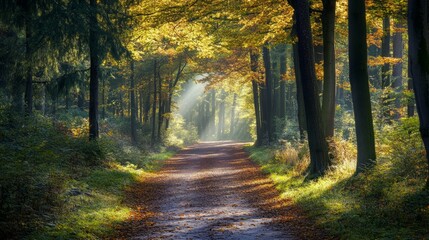 Obraz premium Serene forest path illuminated by gentle sunlight.