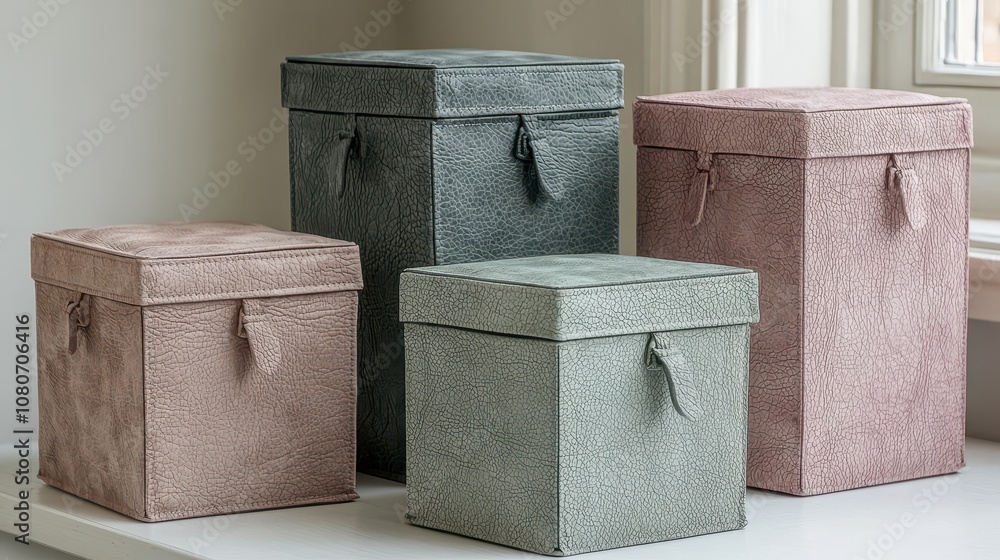 Poster stylish and elegant storage boxes in soft colors on shelf with natural light and neutral background,