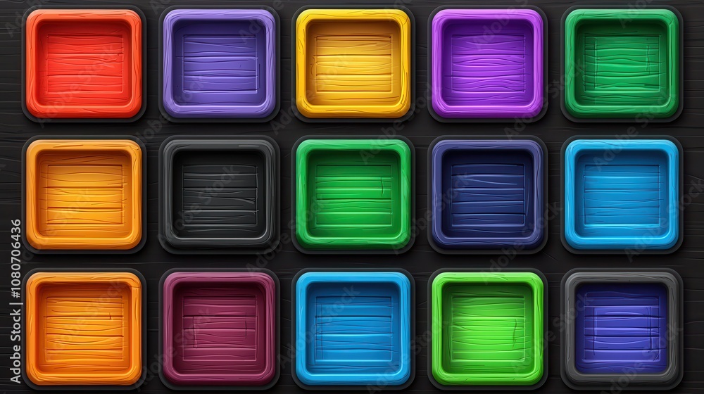 Poster collection of colorful square wooden frames arranged neatly on a dark background for creative design