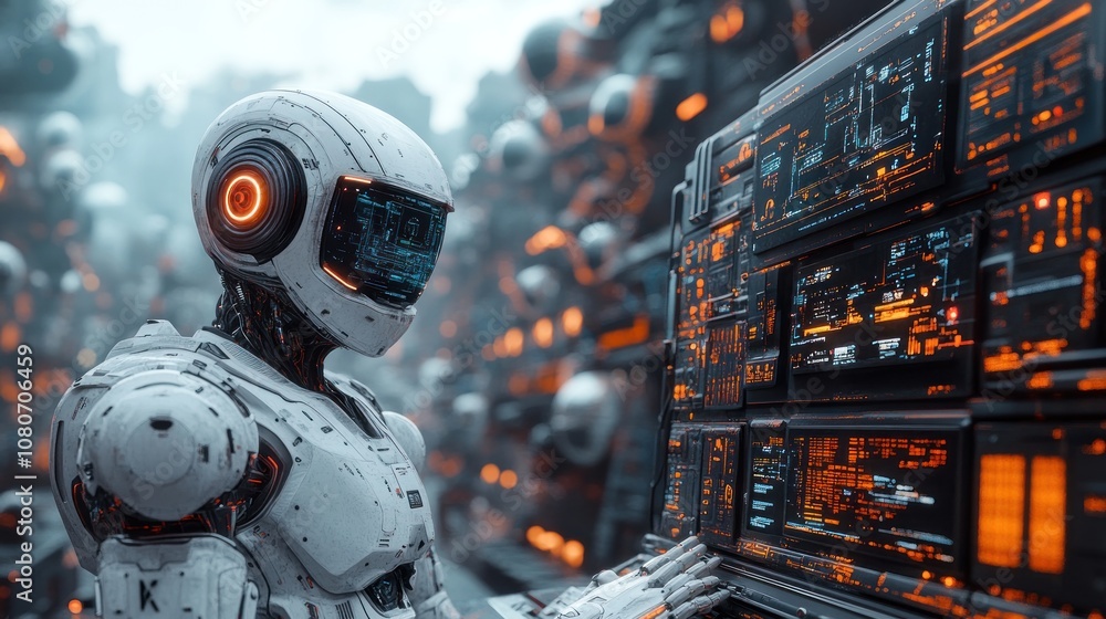 Poster a futuristic robot interacting with advanced technology displays.