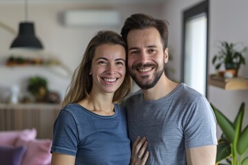 Portrait of a grinning caucasian couple in their 30s dressed in a casual t-shirt on modern minimalist interior
