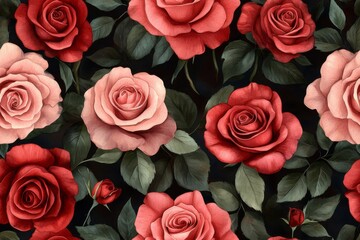 Obraz premium Watercolor Seamless Pattern of Red and Pink Roses with Green Leaves