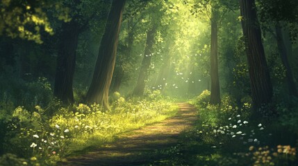 Fototapeta premium Serene forest path bathed in dappled sunlight