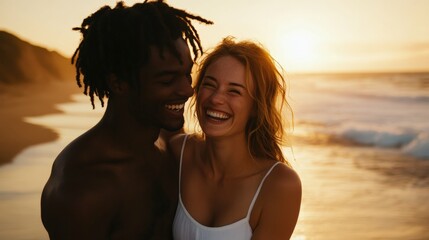 Fototapeta premium of a black man and white woman laughing together on a beach at sunset, waves in the background, warm golden light