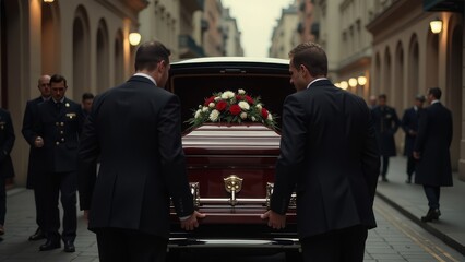 Solemn funeral procession in city street with pallbearers and hearse