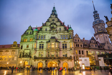 Naklejka premium Dresden, Germany - December 10, 2022. Hausmannsturm in the evening