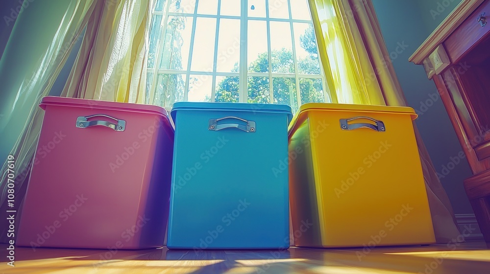 Poster brightly colored storage bins by a sunny window in a cozy room with soft drapes perfect for organizi