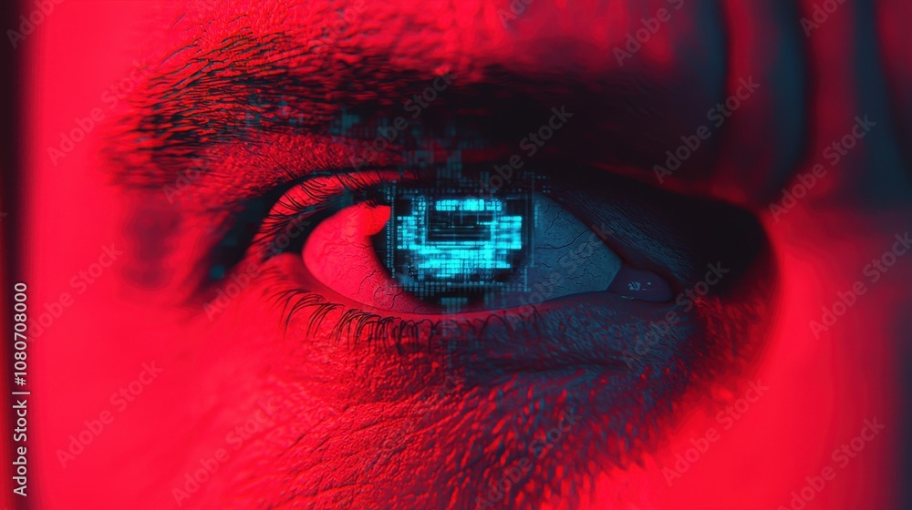 Poster intense close-up of an eye with digital code reflection in a futuristic style, symbolizing technolog