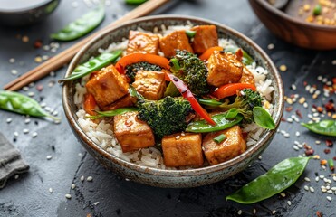 Fototapeta premium A healthy, vegan stir-fried tofu and mixed veggies served over rice.