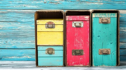 Colorful Storage Boxes with Vintage Design on a Wooden Background, Ideal for Organizing and Home Decor, Featuring Yellow, Red, and Blue Tones