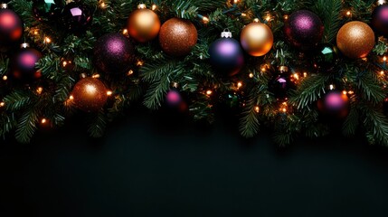 Vibrant Christmas decorations featuring colorful ornaments and fairy lights adorning a festive wreath.