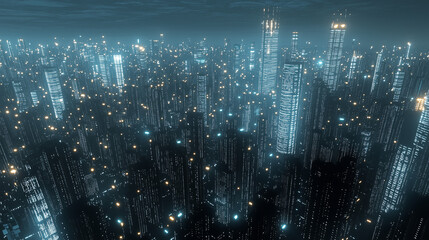 High Tech Cityscape with Illuminated Network Nodes and Skyscrapers