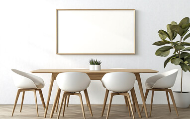 Modern dining room with wooden table, white chairs, and blank frame above. space features potted plant, creating fresh and inviting atmosphere