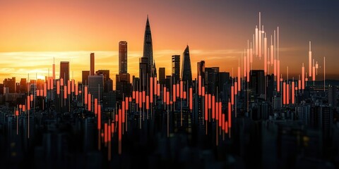 Fototapeta premium financialvaluation sustainability. A stunning skyline at sunset, featuring modern skyscrapers and overlaid graphics suggesting financial data trends or stock market activity.
