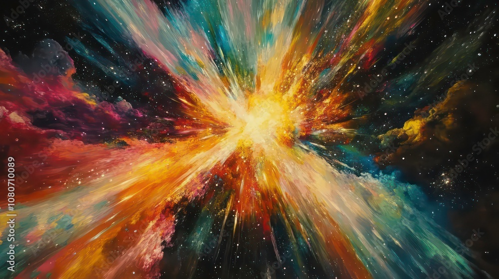 Poster Abstract explosion of color and light in a dark background with a sense of movement.