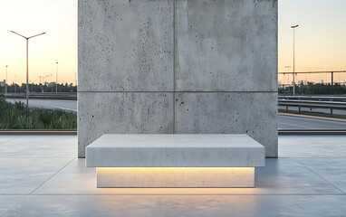 Modern concrete podium with soft lighting, set against minimalist backdrop at sunset. sleek design enhances serene atmosphere of urban environment