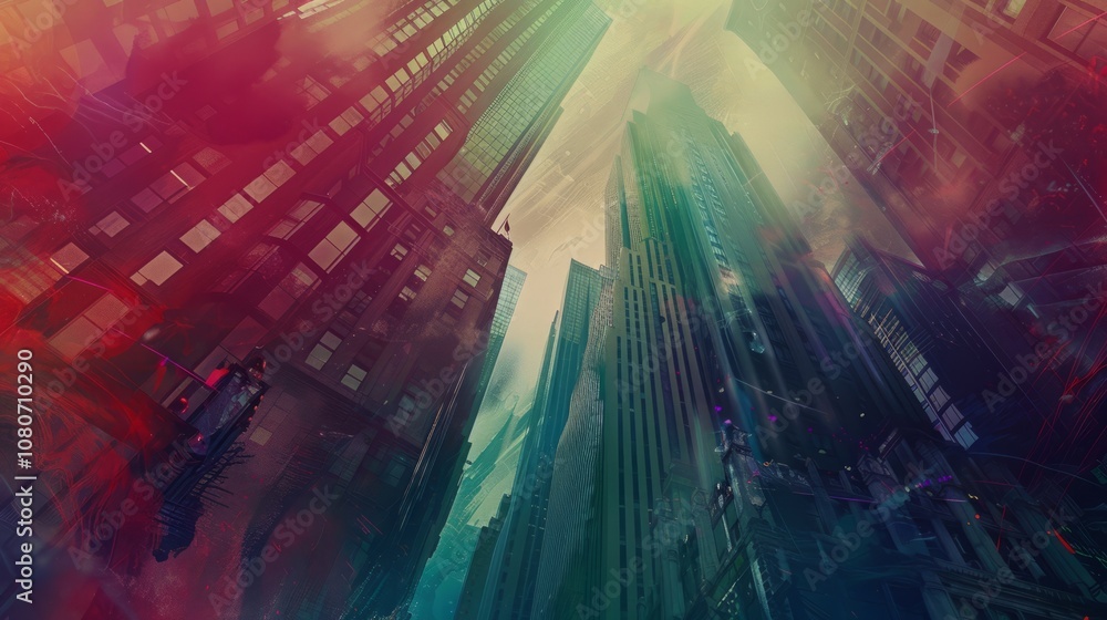 Poster surreal cityscape texture background with towering skyscrapers and surreal architectural elements, a
