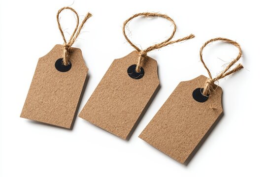 Three blank kraft paper tags with twine, ideal for labeling gifts, organizing items, or adding a personal touch to crafts.