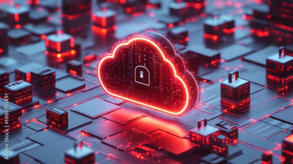 Poster glowing digital cloud with security lock in futuristic tech environment.