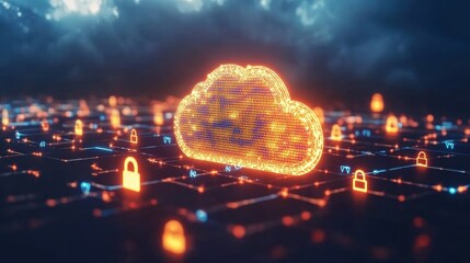 Glowing cloud icon with digital security locks against dark background.