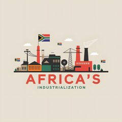 Fototapeta premium africa industrialization day 20th November AID celebration banner with its flags, tall buildings, cranes, towers. The day raise awareness about importance of Africa’s industrialisation