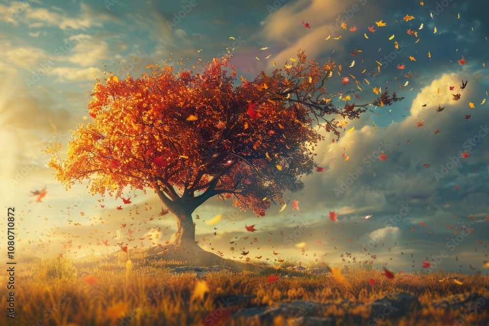 Poster a tree with leaves falling from it in a field. the leaves are orange and scattered all over the grou