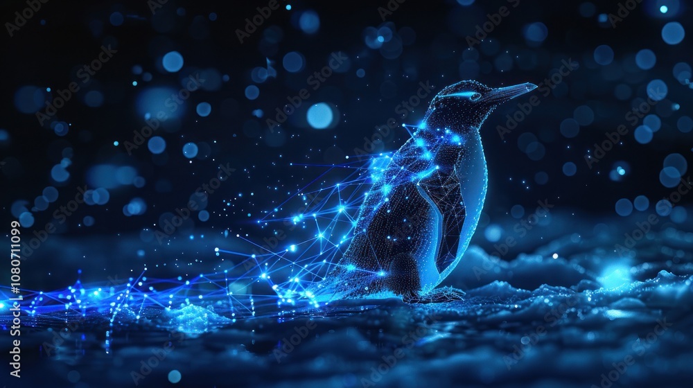 Poster a stylized penguin standing on snow with glowing blue lines extending behind it.