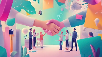 A team engages in a business partnership with a handshake symbolizing collaboration, surrounded by various office elements and abstract representations of success