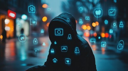 Hooded figure in a city with digital icons overlaying the scene.