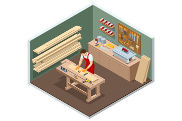 Isometric Carpenter Working on Woodworking Machines in carpentry Shop. Woodworking Machine. Carpentry Workshop